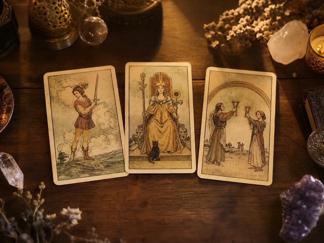 Tres cartas de tarot extendidas sobre una mesa de madera, con luz cálida y tonos pergamino
